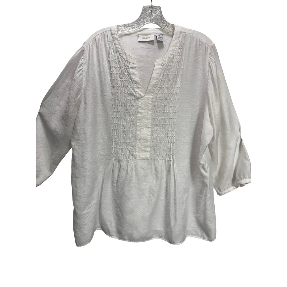 Chicos White Pearl Beaded Pintuck Split Neck Blouse 3/4 Sleeve Size 2 L Large